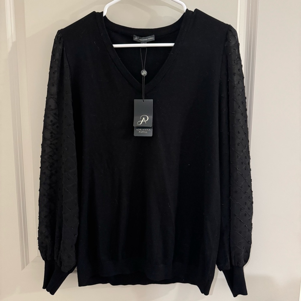 Adrianna Papell Black V-Neck Clip Dot Sleeve Sweater - M